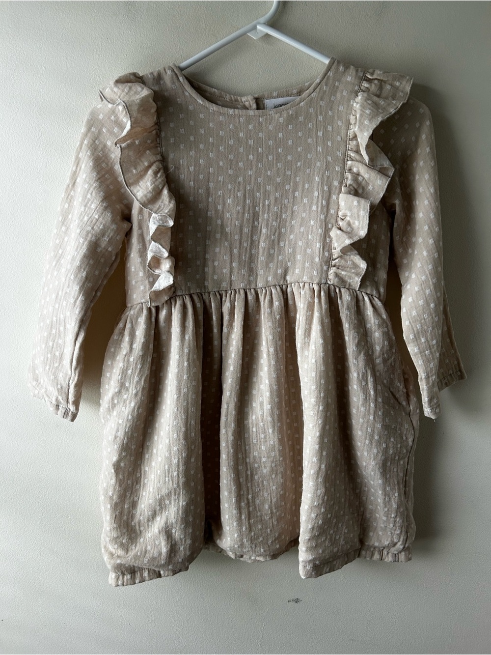 Boho Cottagecore Knotted Fern Ruffle Gauze Dress Tan White 7-8